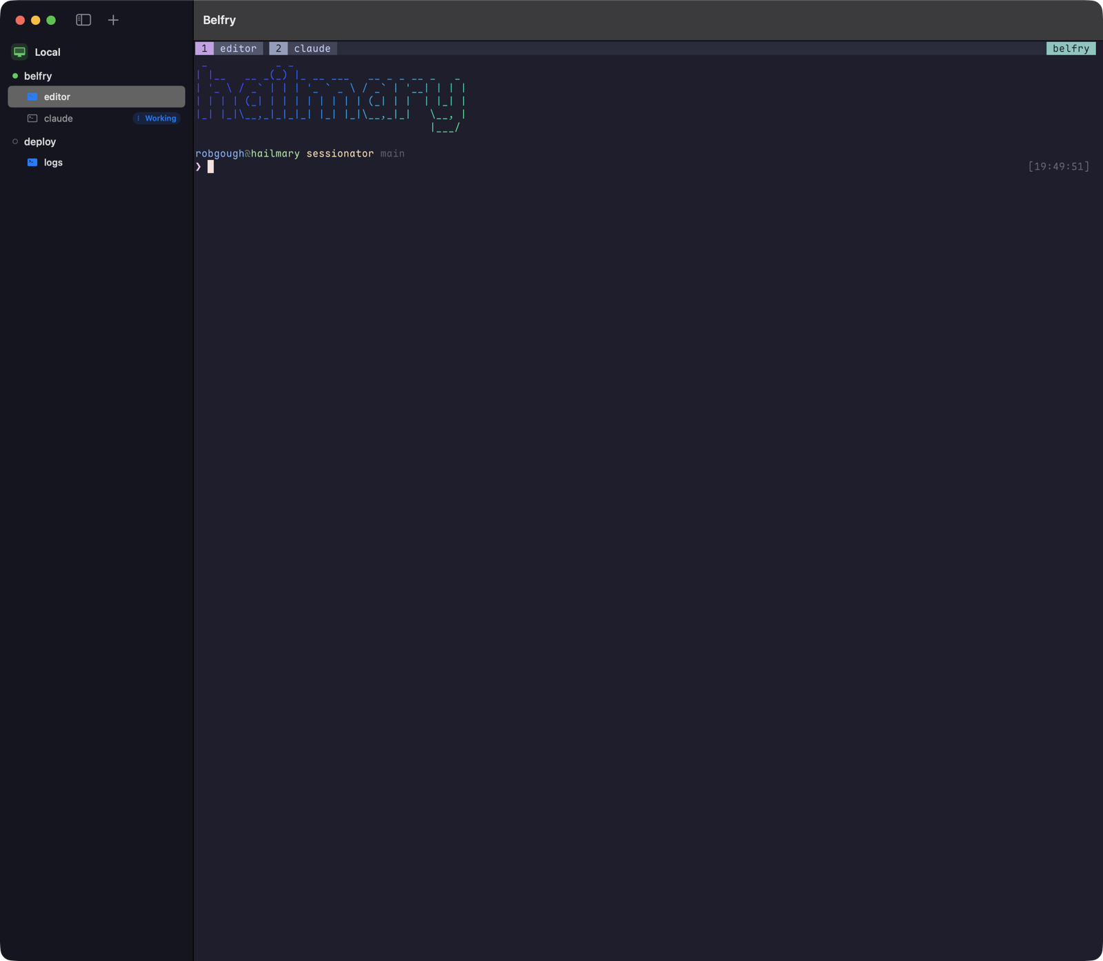 Belfry on macOS: a sidebar of hosts, sessions and windows next to a live libghostty terminal, with a Working badge on a claude window